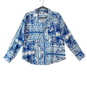 Calypso‎ St Barth Button Up Top Women's M Blue European Summer Tile Print Beachy